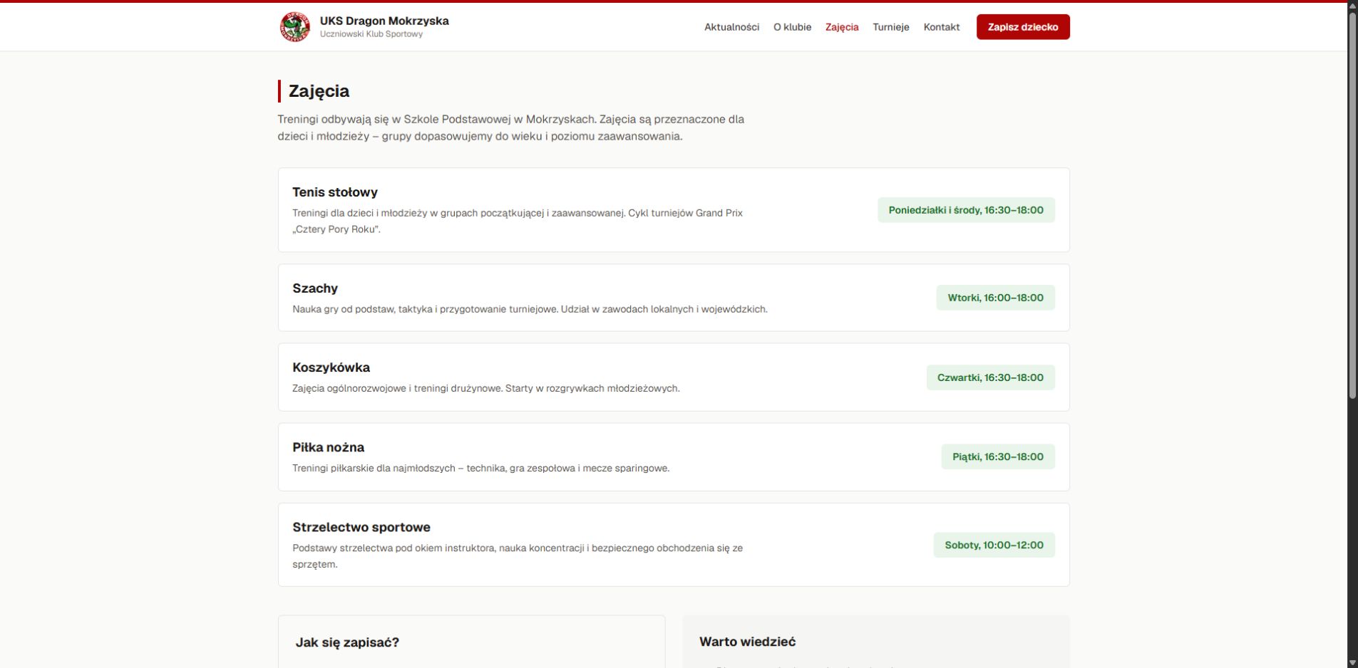 UKS Dragon Mokrzyska training schedule