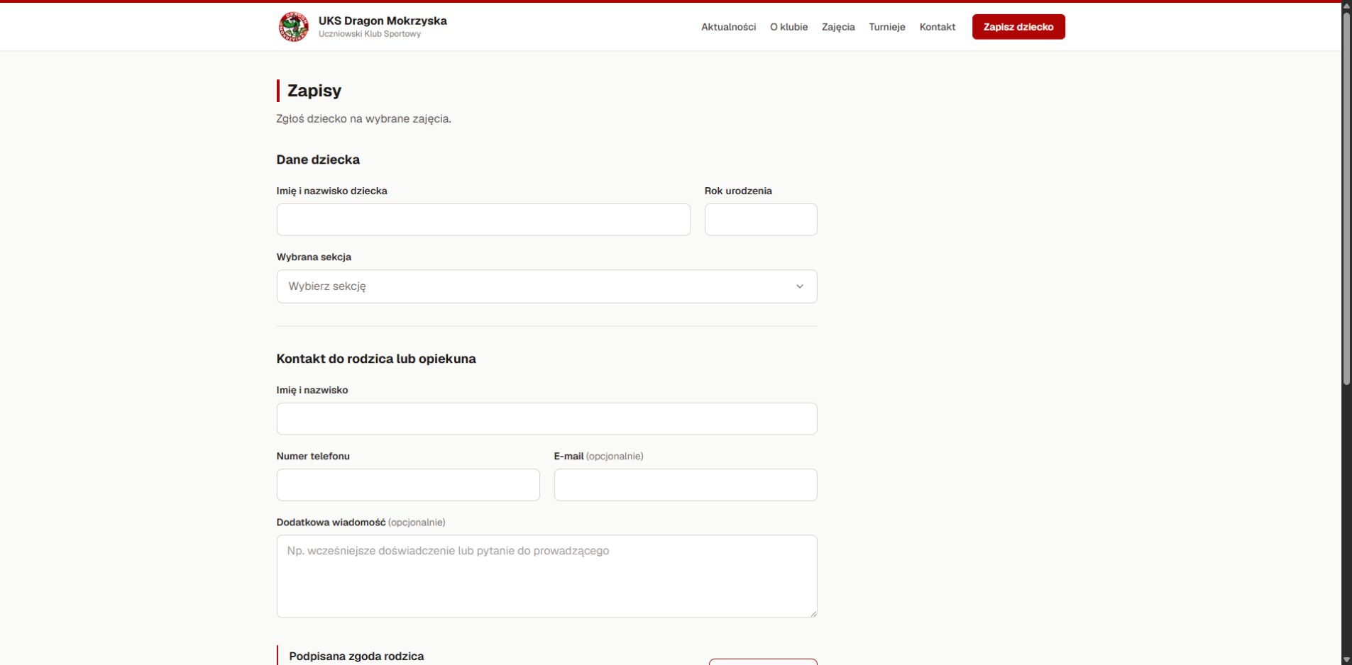 UKS Dragon Mokrzyska enrollment form