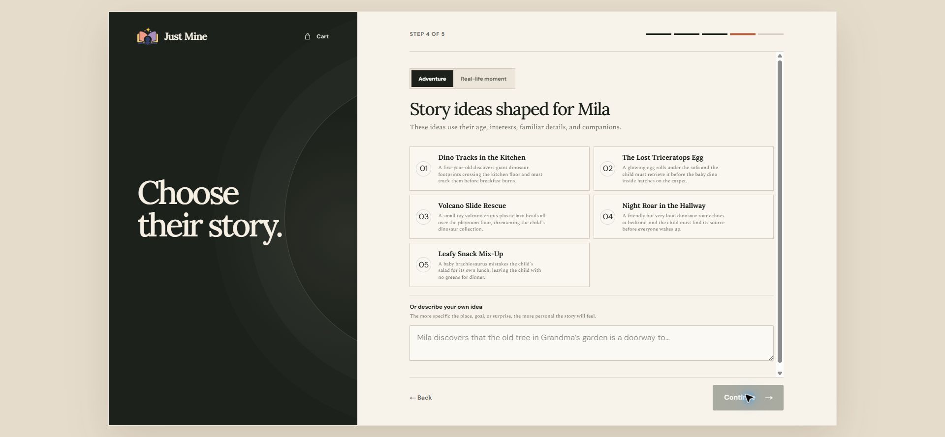 Just Mine book creator — personalized story ideas