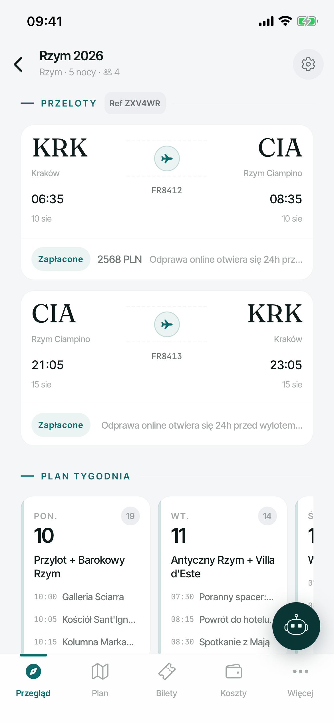 Trailo mobile trip overview with flights