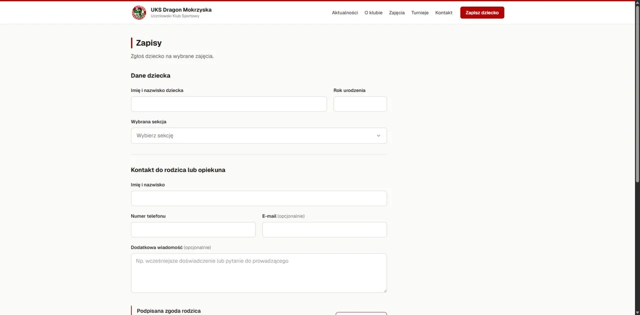 UKS Dragon Mokrzyska enrollment form