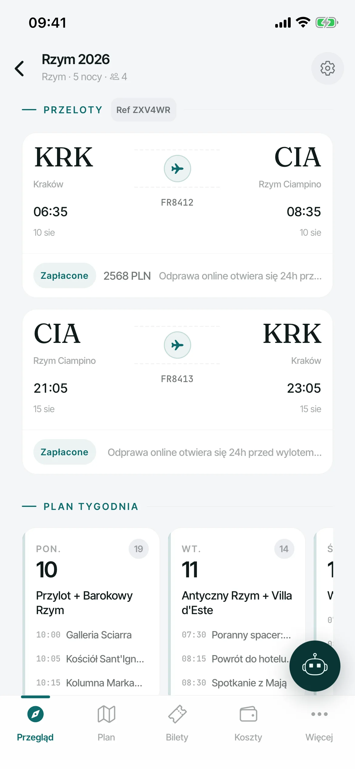 Trailo mobile trip overview with flights